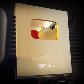 Gold Creator Award with text that says: Presented to CZsWorld for passing 1,000,000 subscribers. YouTube.